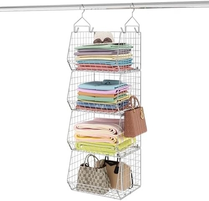 X-COSRACK 4 Tier FOLDABLE CLOSET ORGANIZER، قفسه های لباس با پنج قلاب، دیوار نصب و کابینت سیم ذخیره سبد سطل،