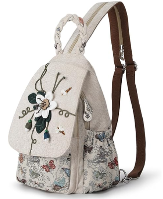 Lady's Convertible Sling Bag, Hand Craft Artisan Purse, Beautiful Canvas Premium Casual Day Mini Backpack for Women (Two Grapes)