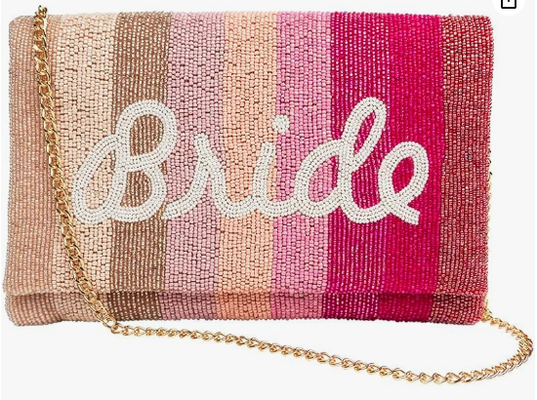 کیف مجلسی عروس مهره دار Clutch BRIDE با زنجیر | اکسسوری روز عروسی، جشن مجردی، هدیه نامزدی، دوش عروس، منجوق کاری، کیف یادگاری، استایل شیک