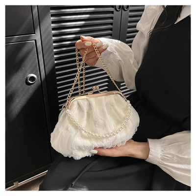2024 NEW RETRO FAIRY SOLID COLOR small bag white hand hand bag perl bag net yarn of women in simple crossbody bag. باگ کوچک رنگي و رنگي و رنگي و رنگي و رنگي و رنگي و رنگي