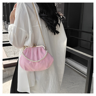 2024 NEW RETRO FAIRY SOLID COLOR small bag white hand hand bag perl bag net yarn of women in simple crossbody bag. باگ کوچک رنگي و رنگي و رنگي و رنگي و رنگي و رنگي و رنگي