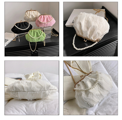 2024 NEW RETRO FAIRY SOLID COLOR small bag white hand hand bag perl bag net yarn of women in simple crossbody bag. باگ کوچک رنگي و رنگي و رنگي و رنگي و رنگي و رنگي و رنگي