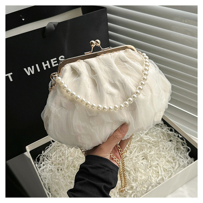 2024 NEW RETRO FAIRY SOLID COLOR small bag white hand hand bag perl bag net yarn of women in simple crossbody bag. باگ کوچک رنگي و رنگي و رنگي و رنگي و رنگي و رنگي و رنگي