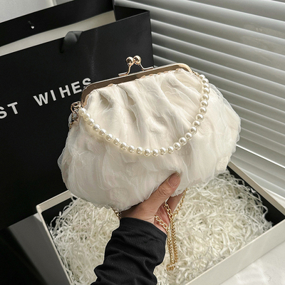2024 NEW RETRO FAIRY SOLID COLOR small bag white hand hand bag perl bag net yarn of women in simple crossbody bag. باگ کوچک رنگي و رنگي و رنگي و رنگي و رنگي و رنگي و رنگي