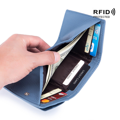 بروش ضد سرقت کیف پول چرمی زنانه کیف پول کارت کوتاه کیف پول کوچک سه تا کیف پول RFID مینی سکه پوست گاو کیف پول کراس برد