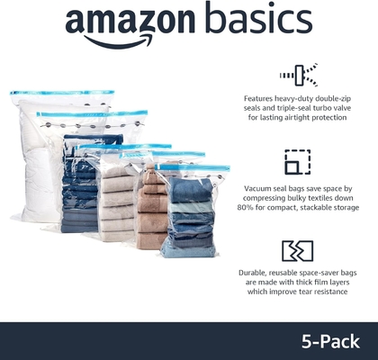 Amazon Basics پاکت های مخزن زپ با فشار خلاء با پمپ دستی، متوسط، 5 بسته، سفید، آبی آسمان