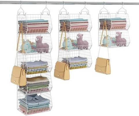 X-COSRACK 4 Tier FOLDABLE CLOSET ORGANIZER، قفسه های لباس با پنج قلاب، دیوار نصب و کابینت سیم ذخیره سبد سطل،