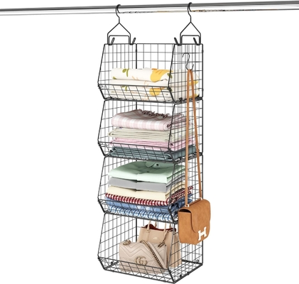 X-COSRACK 4 Tier FOLDABLE CLOSET ORGANIZER، قفسه های لباس با پنج قلاب، دیوار نصب و کابینت سیم ذخیره سبد سطل،