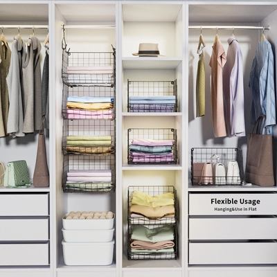 X-COSRACK 4 Tier FOLDABLE CLOSET ORGANIZER، قفسه های لباس با پنج قلاب، دیوار نصب و کابینت سیم ذخیره سبد سطل،