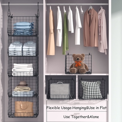 X-COSRACK 4 Tier FOLDABLE CLOSET ORGANIZER، قفسه های لباس با پنج قلاب، دیوار نصب و کابینت سیم ذخیره سبد سطل،