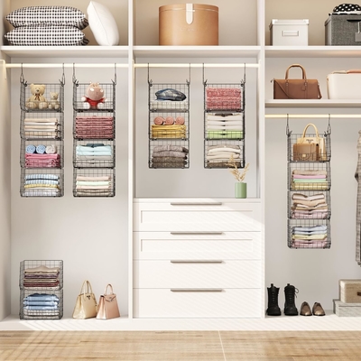 X-COSRACK 4 Tier FOLDABLE CLOSET ORGANIZER، قفسه های لباس با پنج قلاب، دیوار نصب و کابینت سیم ذخیره سبد سطل،