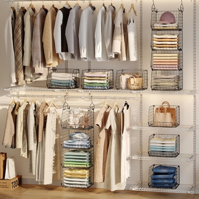 X-COSRACK 4 Tier FOLDABLE CLOSET ORGANIZER، قفسه های لباس با پنج قلاب، دیوار نصب و کابینت سیم ذخیره سبد سطل،