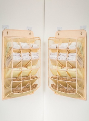 3D NEW DURABLE CLOSET HANGING ORGANIZER با جیب های شبکه 3D، قفسه های دیواری کمد لباس پوشاک بسته بندی بسته بندی (BEIGE-2PACK)