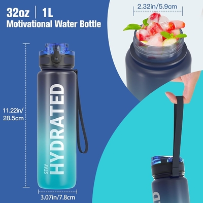 بطری آب ورزشی 32 اونسی با نشانگر زمان - زمان نوشیدن - تریتان، بدون BPA، دهان گسترده ضد خروجی،