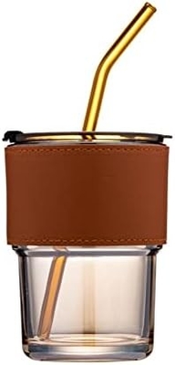 لیوان آب 13 اونس/400 میلی لیتر، فنجان با کاه و کاپ مهر و موم شده برای قهوه، چای یخ، شیشه ای عایق دیواری ضخیم