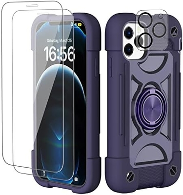 iPhone 12 Pro Max Case 6.7 " - ضدصدمه سنگین، پایه حلقه، صفحه نمایش شیشه ای و محافظ لنز دوربین (رنگین رنگ صورتی)