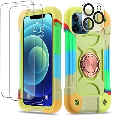 iPhone 12 Pro Max Case 6.7 " - ضدصدمه سنگین، پایه حلقه، صفحه نمایش شیشه ای و محافظ لنز دوربین (رنگین رنگ صورتی)