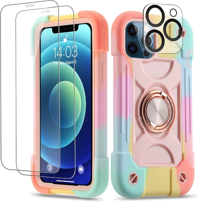 iPhone 12 Pro Max Case 6.7 " - ضدصدمه سنگین، پایه حلقه، صفحه نمایش شیشه ای و محافظ لنز دوربین (رنگین رنگ صورتی)
