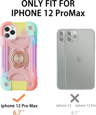 iPhone 12 Pro Max Case 6.7 " - ضدصدمه سنگین، پایه حلقه، صفحه نمایش شیشه ای و محافظ لنز دوربین (رنگین رنگ صورتی)