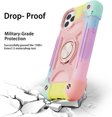 iPhone 12 Pro Max Case 6.7 " - ضدصدمه سنگین، پایه حلقه، صفحه نمایش شیشه ای و محافظ لنز دوربین (رنگین رنگ صورتی)