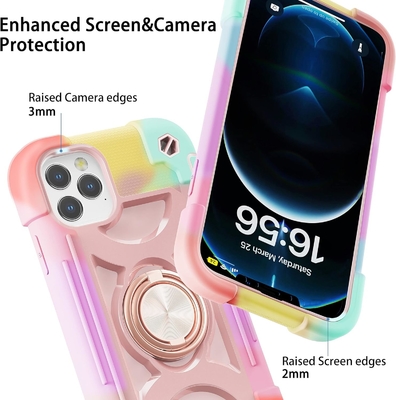 iPhone 12 Pro Max Case 6.7 " - ضدصدمه سنگین، پایه حلقه، صفحه نمایش شیشه ای و محافظ لنز دوربین (رنگین رنگ صورتی)