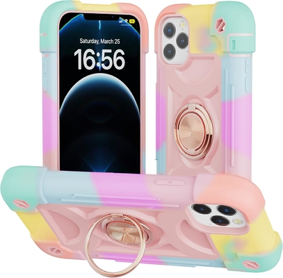 iPhone 12 Pro Max Case 6.7 " - ضدصدمه سنگین، پایه حلقه، صفحه نمایش شیشه ای و محافظ لنز دوربین (رنگین رنگ صورتی)
