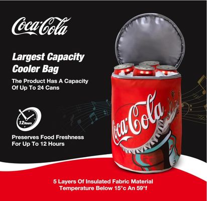 Coca Cola Can Shape Cooler Bag with Bluetooth Speaker, 5H Playtime, Adjustable Straps, Zippers, 5-Layer Insulated Fabric Keeps Food Fresh for 12 Hours, Perfect for Outdoor and Indoor BBQ Parties