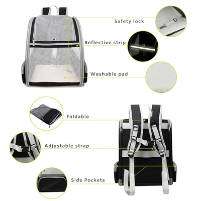 Pet backpack with blinds, suitable for small cats and dogs. It features a ventilation design, a safety strap, a snap support, foldable feature, and is specifically designed for travel, hiking,