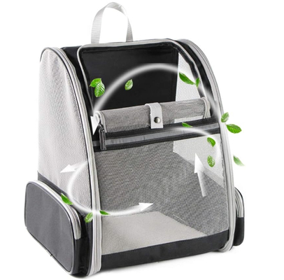 Pet backpack with blinds, suitable for small cats and dogs. It features a ventilation design, a safety strap, a snap support, foldable feature, and is specifically designed for travel, hiking,