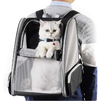 Pet backpack with blinds, suitable for small cats and dogs. It features a ventilation design, a safety strap, a snap support, foldable feature, and is specifically designed for travel, hiking,