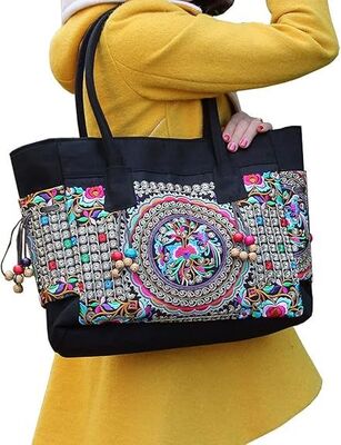 Embroidered Large Canvas Tote Bag for Women with Zipper Handmade Vintage Handbag Shoulder Bag