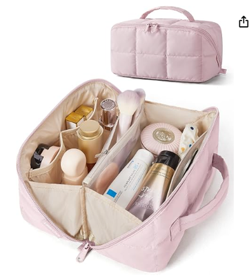 Travel Makeup Bag, Wide Open Toiletry Organizer 9.84 * 5.12 * 5.12" opens flat to 10.24"W, water-repellent,leak-proof PVC & brush slots, fits full-size makeup, TSA-friendly