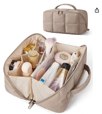 Travel Makeup Bag, Wide Open Toiletry Organizer 9.84 * 5.12 * 5.12" opens flat to 10.24"W, water-repellent,leak-proof PVC & brush slots, fits full-size makeup, TSA-friendly