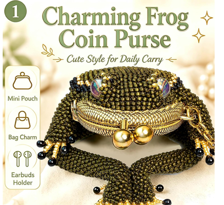 Handmade Frog Coin Purse,cute Frog Vintage Money Bag,Beaded Kiss Lock Keychain Pouch with Lucky Toad Design for coins Earbuds Rings,Funny Froggy wallet for Key,USB Driver,Lipstick,Birthday Gift